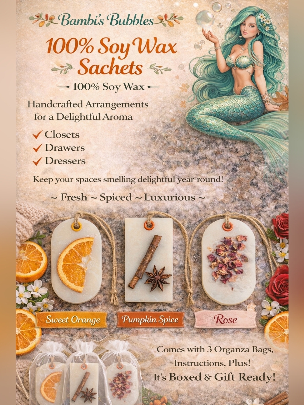 NEW! Hand Crafted Soy Wax Sachets 3 Pack With Organza Bags